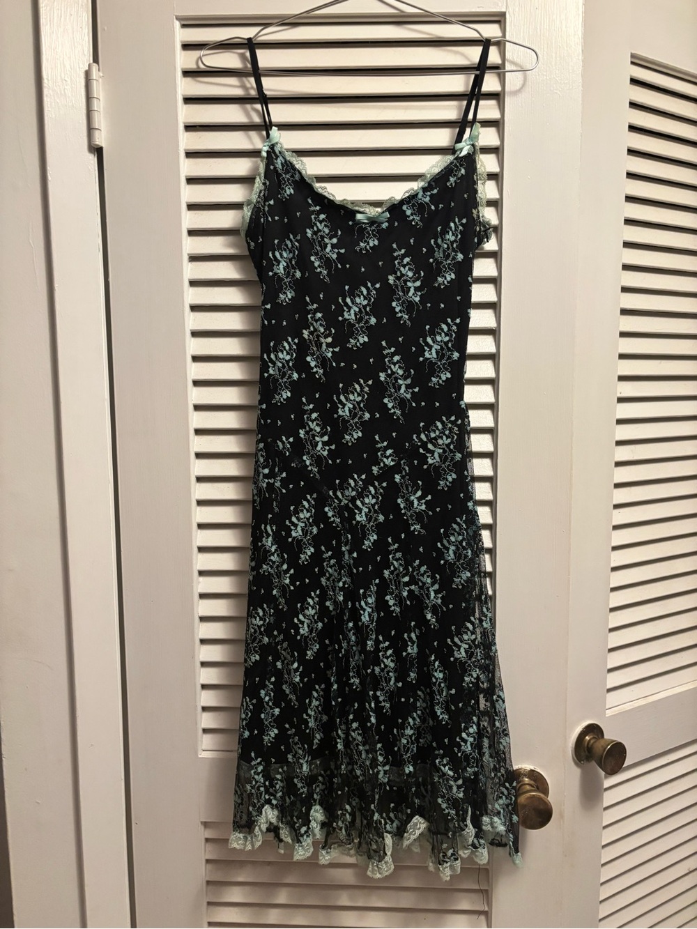 Betsey Johnson Black Slip Midi Dress with Mint Floral Lace